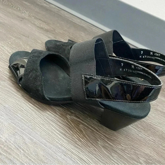 Munro Darling Suede Heels Sandals Open Toe Black Patent Leather Slingback: 9M - Picture 5 of 9